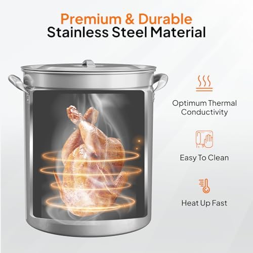 Bonnlo 62QT Stainless Steel Stock Pot for Boiling Seafood, Crawfish lobster & Crab, Frying Turkey & Steaming Tamales, Large Boil Pot with Steamer Basket, Lid, Lifting Hook for Outdoor Cooking Backyard