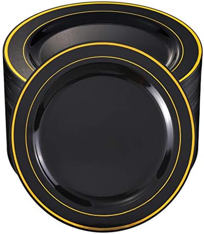 bUCLA 100 Pieces Black and Gold Plastic Dinner Plates - 10.25 inch Black Disposable Plates with Gold Rim - Ideal for Party, Graduation & New Year
