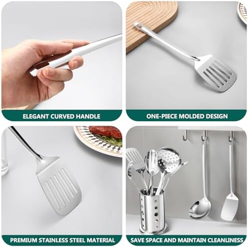 Lazycorner Kitchen Utensils Set, 11pcs Stainless Steel Cooking Utensils Set with Holder – Includes Turners, Potato Masher, Spatula, Spoons, Pasta Server, Tongs, Soup Ladle, Serving Spoon