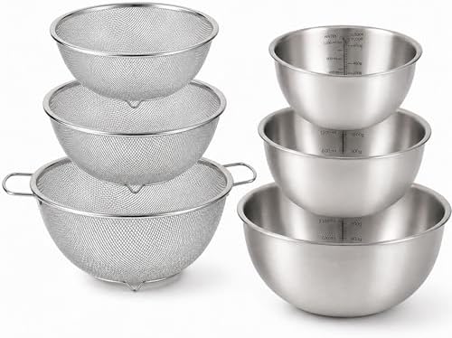 HAPPY KIT 18/8 Stainless Steel Bowl and Colander Set, 6-Piece, Nesting