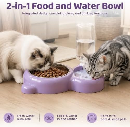 2-in-1 Dog Cat Bowl, Cat Food and Water Bowl Set, Purple