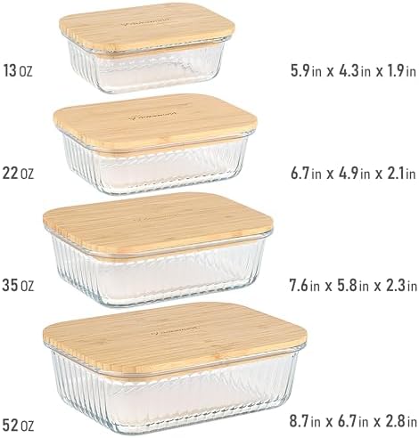Ribbed Glass 4 Stackable Meal Prep Containers with Bamboo Lids