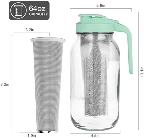 Cold Brew Coffee Maker, 64 oz Mason Jar Pitcher with Stainless Steel Filter, Pour Spout Handle Lid, Heavy Duty Glass Airtight & Leak-Proof for Iced Coffee,Tea & Lemonade