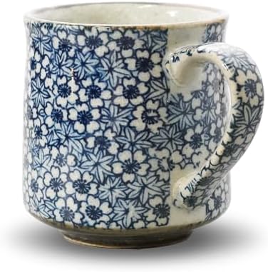 Nostalgic Mino Ware Ceramic Sometsuke Small Mug Cup - Japanese Crafted, Floral Pattern, Comfort Grip Handle, For Coffee and Green Tea or Soup, Matcha Tea, Gift Box Included (Kyokomon)