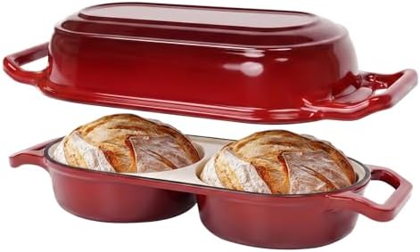 Double Dutch Oven Pot with Lid, 2.2QT Enameled Cast Iron Bread Loaf Pan, Mini Dutch Oven For Sourdough Bread Baking, 500°F Oven Safe Non Stick Dual Round Bread Pan, Bread Oven, 16.5cm Diameter, Red