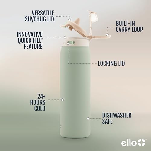 Ello Pop & Fill Insulated Stainless Steel Water Bottle with Quick Fill Lid, Leakproof Locking, Sip or Chug Spout, BPA-Free, Double Wall Vacuum Insulated for Sports, Travel & School- 22oz / 32oz / 40oz