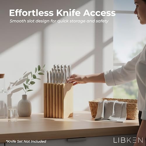 Libken Bamboo Knife Block – Minimal Scandinavian Design, Universal Knife Holder with 6 Slots for Up to 18 Knives – Fits Paring, Chef, Steak, Butcher Knives & Scissors, Countertop Knife Block
