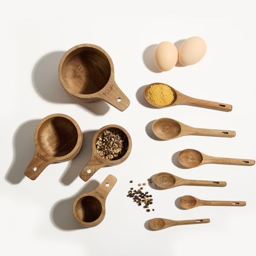 10 Piece Measuring Cups and Spoons Set, Handcrafted Acacia Wood