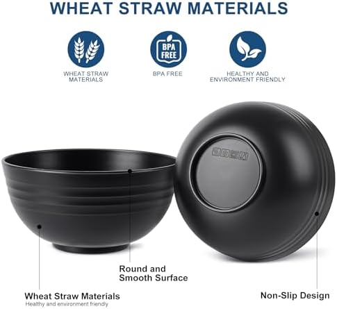 HOTEC BPA Free Unbreakable Wheat Straw Cereal Bowls - Microwave & Dishwasher Safe Soup and Salad Bowls, Set of 8, 26oz, Black (Pack of 2)