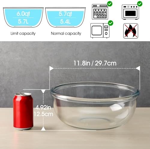 NUTRIUPS 6 QT Large Glass Mixing Bowl, Clear Big Salad Bowl for Kitchen