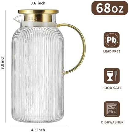 Buaic Glass Pitcher with Lid, 68 oz/ 2L Clear Glass Water Pitcher