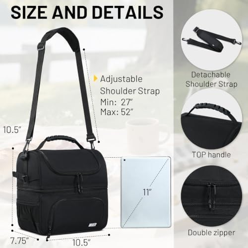 MIER Lunch Box for Men - Dual Compartment Adult Lunch Bag for Work, Black
