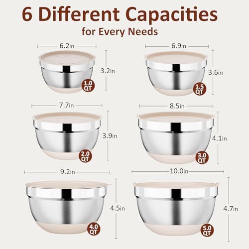 9 Pack Mixing Bowls with Airtight Lids & Grater Attachments, Khaki