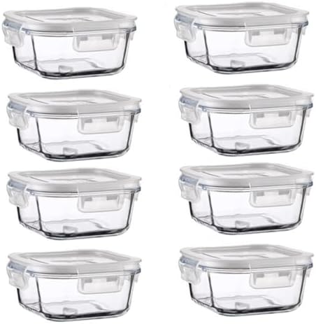 16oz Square Glass Food Storage Containers With Lids, 2 Cup Square Glass Food Containers With Lids, BPA free Small Meal Prep Bowls for leftovers, Dishwasher, Freezer Safe (8Pack)