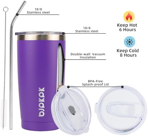 BJPKPK 20oz Coffee Tumbler with Lid & Straw, Insulated Stainless Steel Mug