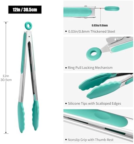 Doosu Kitchen Tongs with Silicone Tips for Cooking Serving (12in, Aqua Sky)