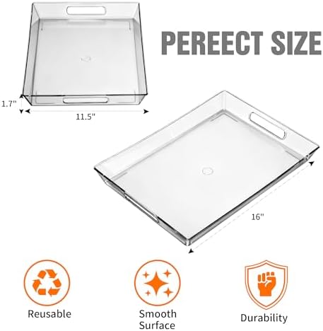 Clear Plastic Serving Tray with Handles, BPA-Free Storage Organizer Tray - Large Serving Trays 16"x11.5" Reusable Serving Platters for Appetizer, Fruit, Kitchen, Desk & Serving Tray for Party Supplies