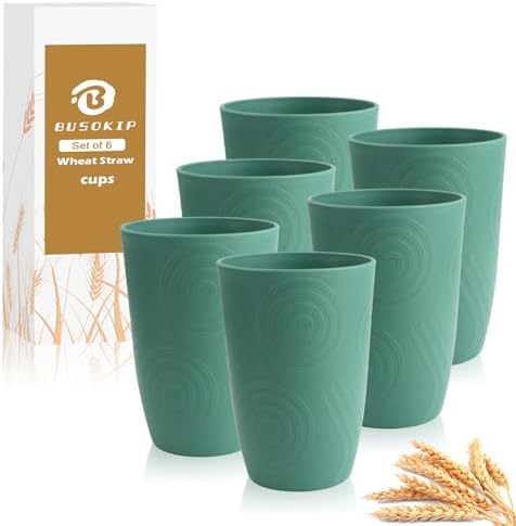 16 OZ Drinking Cups, Wheat Straw Cups Set of 6 - Reusable Water Cups, Unbreakable Plastic Drinking Glasses, Dishwasher Safe Tumbler Cups for Kitchen, Camping, RV -Green