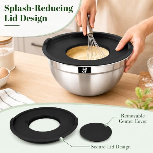8PCS Mixing Bowls with Lids Set - 5 Nesting Mixing Bowls, 3 Grater Attachments, Lids, Stainless Steel Mixing Bowls for Mixing & Serving, Size 1.5/2.1/3.5/4/4.5 QT, Black