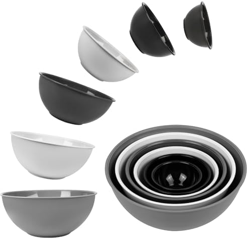 BoxedHome BPA Free Plastic Round Mixing Bowl with Lids, 12 Pack Nesting Bowls with Lids Set, Microwave and Dishwasher Safe Prep & Serving Bowls Great for Mixing, Baking, Serving (Grey, 12pcs)