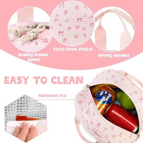 Bluboon Lunch Box for Women Cute Lunch Bag Reusable Insulated Lunch Bags Large Capacity Lunchbox Cooler for Work Picnic or Travel Gifts (Bow Floral Pink 212, 10 x 7.5 x 8 inches)