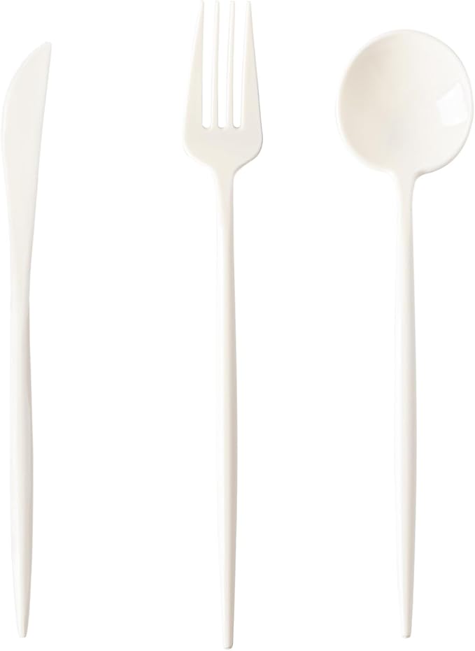 180PCS Ivory Plastic Silverware,Heavy Duty Disposable Utensils Include 60 Forks,60 Spoons and 60 Knives,Ivory Cutlery Plastic Silverware Sets for Party, Birthday,Wedding