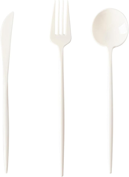 180PCS Ivory Plastic Silverware,Heavy Duty Disposable Utensils Include 60 Forks,60 Spoons and 60 Knives,Ivory Cutlery Plastic Silverware Sets for Party, Birthday,Wedding