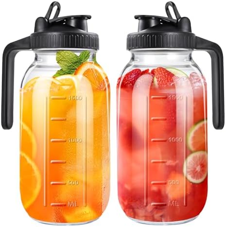 64oz Glass Pitcher with Lid, 2 Quart Mason Jar Pitchers with Lid and Spout, Wide Mouth Breast Milk Pitcher Glass Jug Sun Tea Pitchers, Cold Brew Coffee pitcher, Fridge Container for Water, Juice, Tea