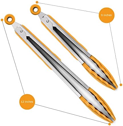 2 Pack Silicone Kitchen Tongs, 9 & 12 Inch, Stainless Steel, Orange