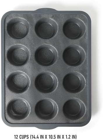 Calphalon Omni 12-Cup Muffin & Cupcake Pan with GlassFlex Technology, Flexible Silicone & Micro-Woven Glass Core for Ultra Airflow Baking, Grey