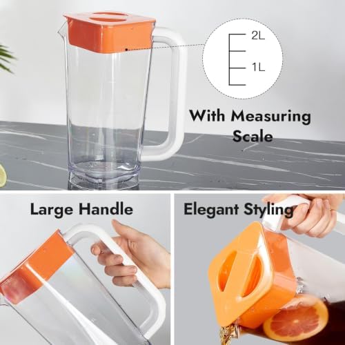 CURTA 1 Pack 2 Liters/68 oz Plastic Pitcher with Lid & Handle for Kitchen,ICED JUICE and Coffee Carafe Beverage Serveware, Acrylic Water Jug for Hot/Cold Drinks&lemonade