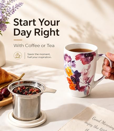 AmorArc Tea Cup With Infuser and Lid, 18oz Loose Leaf Tea Mug With Steeper