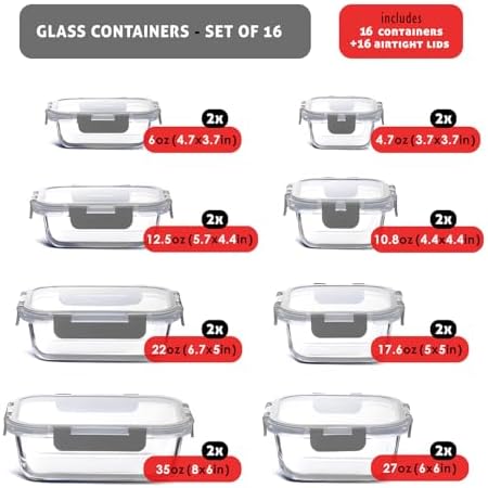 EATEX 32pc Glass Storage Containers with Lids, 16 Glass Food Storage Containers with 16 Airtight Lids for Pantry & Kitchen, Meal Prep Containers for Lunch, Oven Freezer Microwave & Dishwasher Safe
