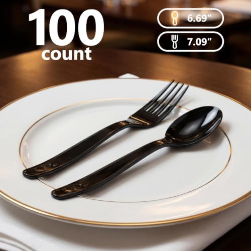 SACATR 100 Count Black Plastic Silverware Heavy Duty -Forks, Spoons