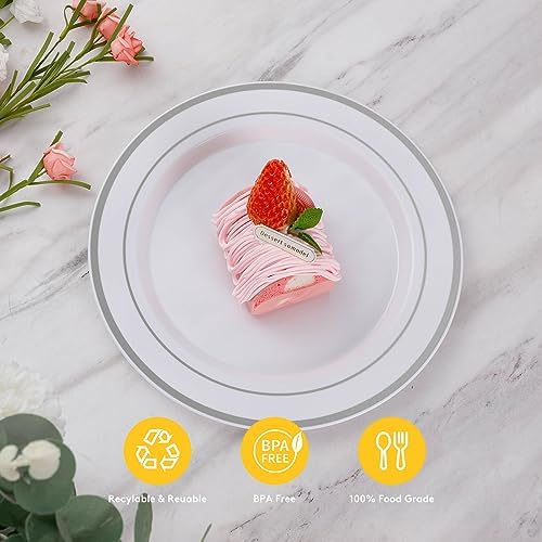 Goodluck 200PCS Silver Plastic Plates,Heavy Duty Disposable Silver Plates with 100 10.25 inch Dinner Plates and 100 7.5 inch Dessert Plates, Disposable Plates for Party, Holiday, Wedding (Pack of 2)