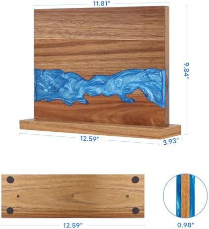 Magnetic Knife Block | Double Sided Magnetic Knife Holder | Acacia Wood Magnetic Knife Rack | Magnetic Knife Storage Stand for Kitchen Counter, Blue Resin River, 12.59×9.84IN (No Knife)