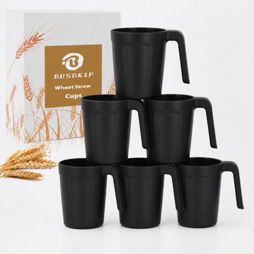 16oz Plastic Coffee Cups Set of 6, Wheat Straw Cups - Black