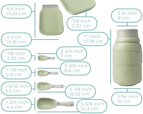 Comfify Green Mason Jar Measuring Set – 4 Cups, 4 Spoons, Spoon Rest