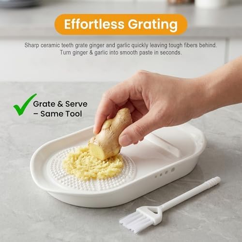 Ceramic Garlic Grater Plate with Egg Cracker, Herb Stripper, Spoon Rest