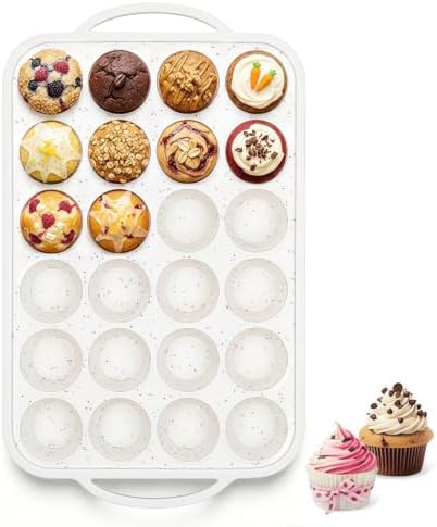 Vinino Mini Muffin Pan with Metal Reinforced Frame-1Pack, Silicone Cupcake Pan for Baking 24 Cup Mini Size, BPA Free Silicone Muffin Tray, Cupcake Baking Pan Molds for Oven Dishwasher Safe-Cream