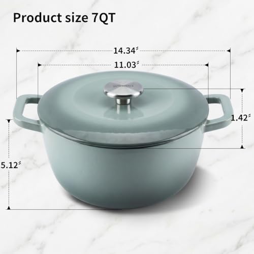 7QT Enameled Cast Iron Dutch Oven,Concave Self-Basting Lid,Green