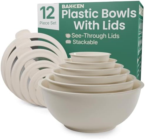 Bakken Master 12 Piece Plastic Nesting Bowls with Lids - Mixing Bowls Set includes 6 Prep Bowls and 6 Lids, BPA-Free, Reusable Meal Prep Containers, Microwave, Freezer & Dishwasher Safe, White Cream