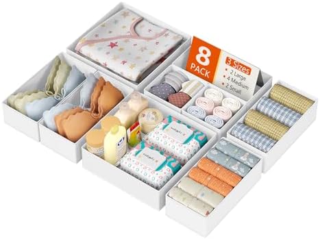 DIMJ Drawer Organizer Clothes, 8 Pack Dresser Organizer, Foldable Closet Organizers and Storage, Fabric Dresser Bins, Drawer Dividers for Nursery, Baby Clothes, Underwears, Sock (white)