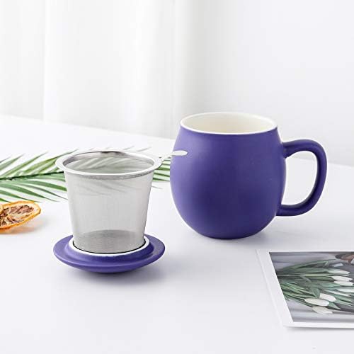 Yundu 12 OZ Matte Deep Purple Ceramics Teacup with Infuser and Lid, Mug with Lid for Steeping - Stainless Steel Infuser for Loose Leaf Tea, Home Office Gift for Tea Lovers