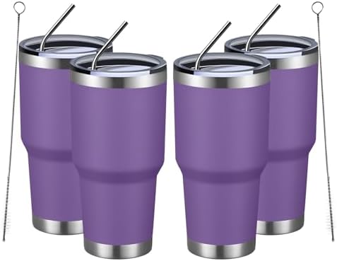 MEWAY 30oz Insulated Tumbler With Lids and Straws,Stainless Steel Double Vacuum Coffee Tumbler Cup, Brush, Durable Powder Coated Coffee Cup for Cold & Hot Drinks, Office, Travel(Purple,4 PACK)