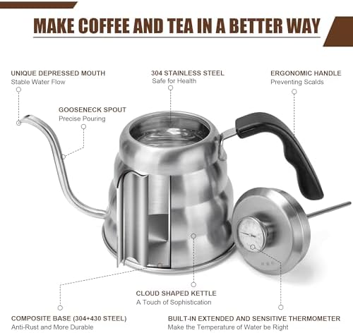 Tea Kettle For Stovetop,Gooseneck Pour Over Kettle,Thermometer,40oz,Silver