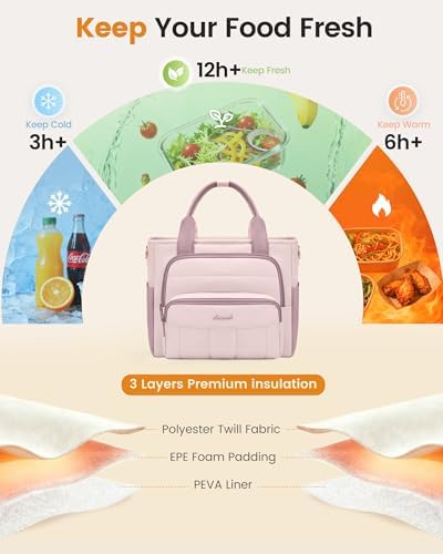 LOVEVOOK Lunch Box for Women, Puffer Lunch Bag for Work & Picnic,13L,Pink