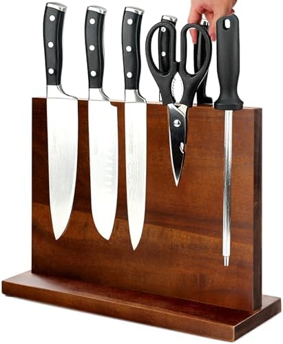 Magnetic Knife Block Double Sided Magnetic Knife Holder Rack with Strong Enhanced Magnets Acacia Wood Magnetic Knife Storage Stand-Dark Brown