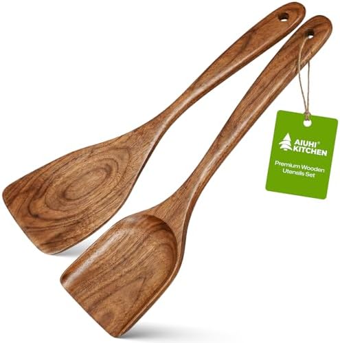 AIUHI 2-Piece Teak Wooden Spatula Set, Wooden Cooking Spatulas for Flipping, Stir-Frying & Serving, Nonstick-Safe Wooden Kitchen Utensils