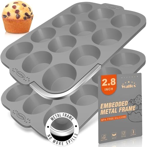 Walfos Silicone Muffin Pan with Metal Frame, 2.8 Inch Regular Size Silicone Cupcake Pan Muffin Tin, Non-Stick 12 Cups Egg Bites Molds for Baking 2 Pack, BPA Free, Dishwasher Safe